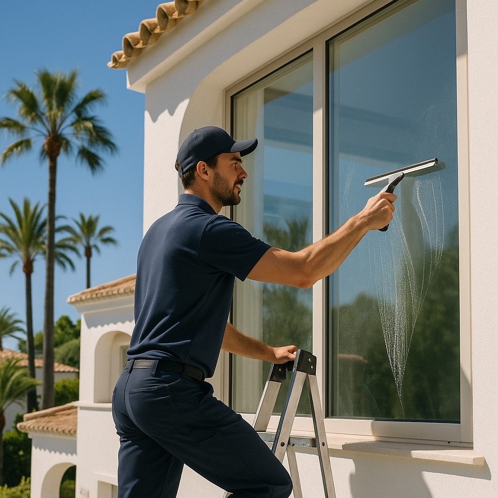 Window cleaner using water-fed pole on a Costa del Sol villa